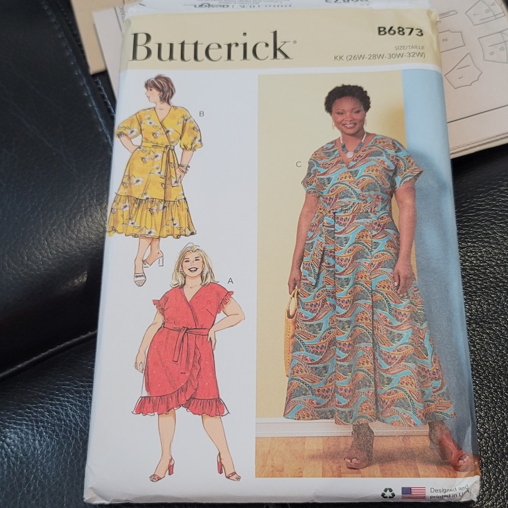 Butterick B6873 Sewing Pattern Plus Size Wrap Dress Sash Uncut Size 26W-32W